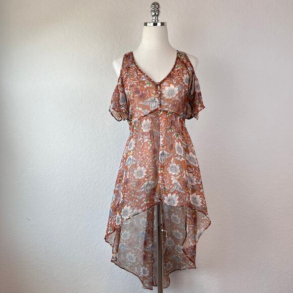Mystree Floral High Low Tunic Top size Small Orange Cold Shoulder Boho Fairycore - Picture 1 of 10